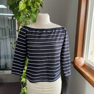 Emanuel Navy blue and white striped boat neck shirt 3/4